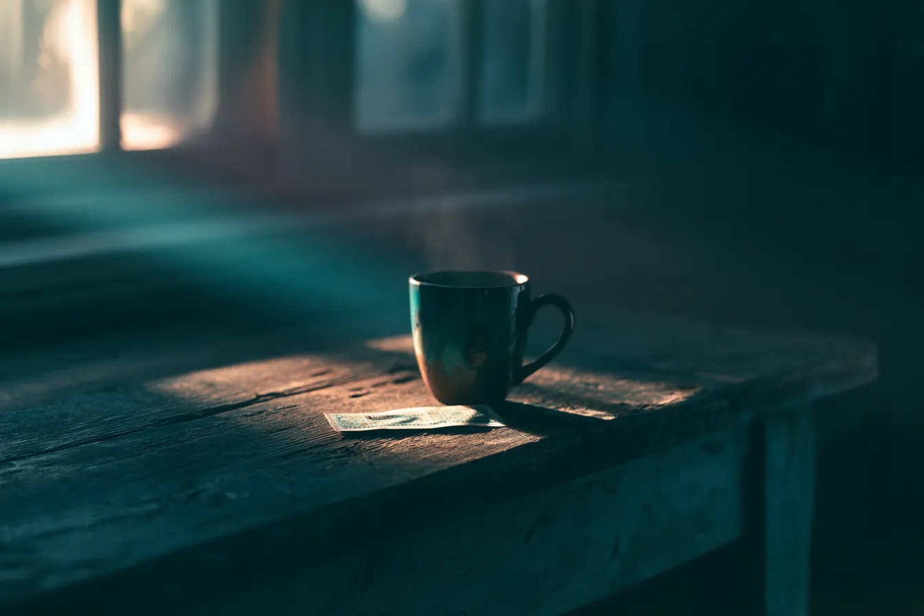 A lottery ticket on a kitchen table in warm evening light